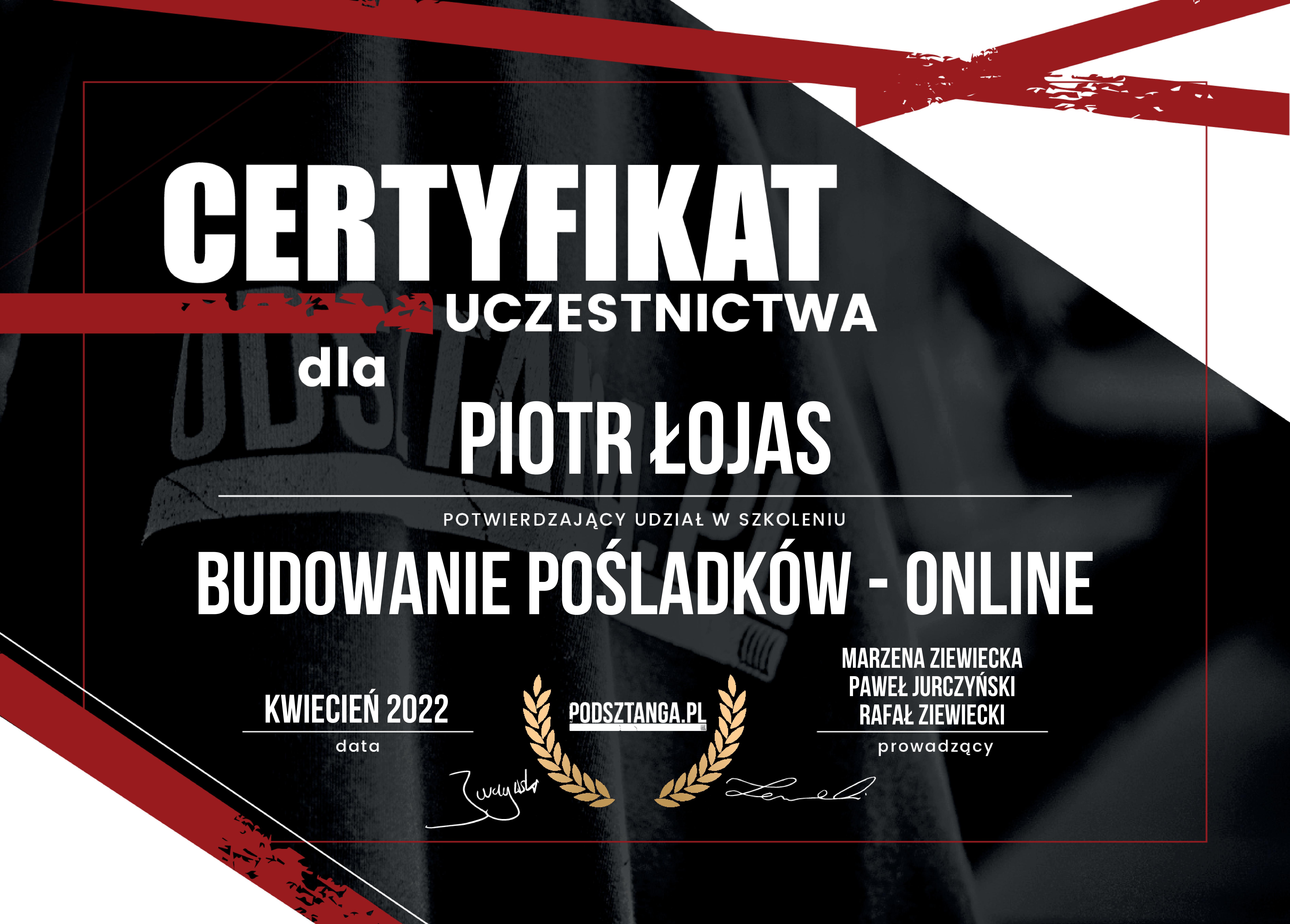 Certyfikat ukończenia szkolenia z budowania pośladków